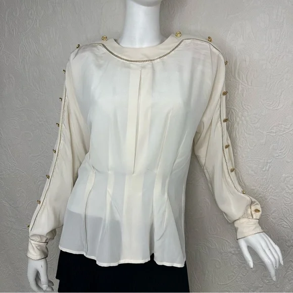 Lillie Rubin x Adrianna Papell Silk VTG Gold Trim Sleeve Button Blouse - Picture 2 of 14
